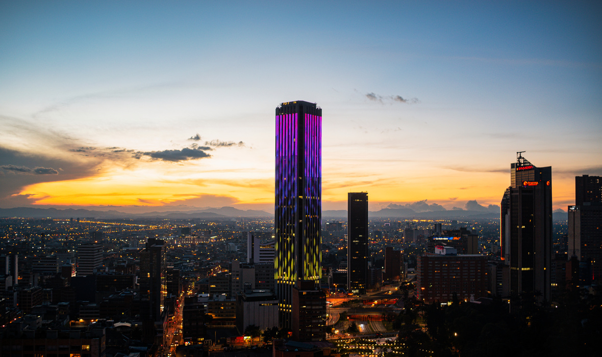 An Aerial Shot of Colpatria Tower During Sunset